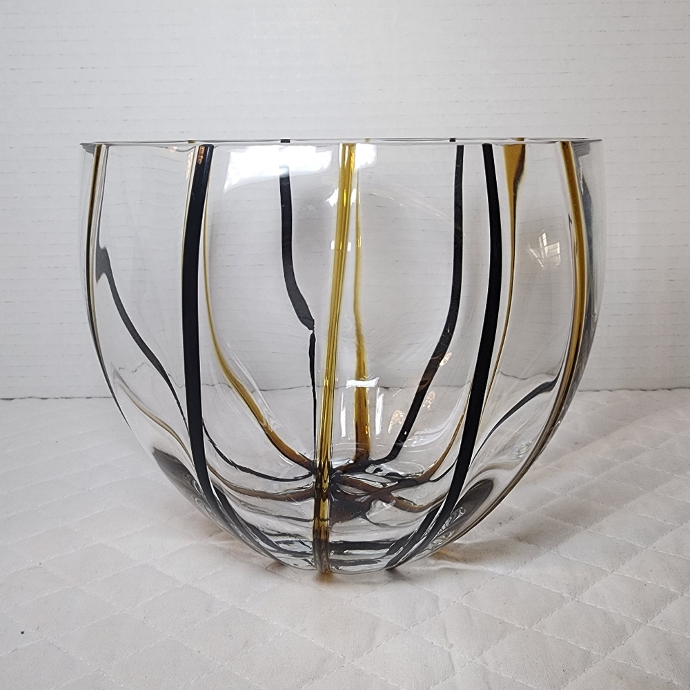 Royal Limited Black & Brown Fused Stripe Mouth Blown Polish Art Glass Bowl/Vase
